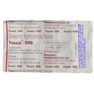 セベラマー（レナジェル/ フォスブロック ジェネリック） 800 mg 錠 包装裏面