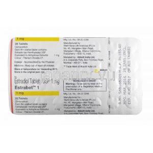 エストラベット (エストラジオール) 1mg 箱、錠剤裏面