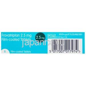 フロバトリプタン 2.5mg 6錠,　製造元：TEVA,箱側面