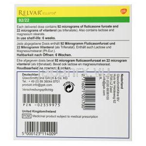 レルベアエリプタ インヘラー, フルチカゾン92mcg/ビランテロール22mcg, 製造元GSK,箱裏面情報