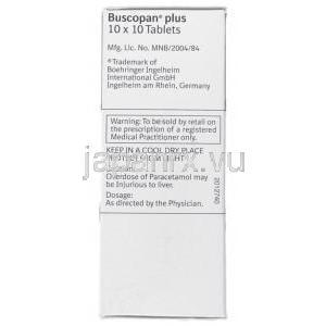 ヒヨスチン / ブチルブロミド / アセトアミノフェン配合, Buscopan Plus, 10MG / 500MG 錠 (Boehringer Ingelheim) 成分
