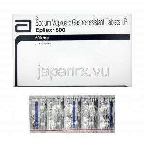 エピレックス (バルプロ酸ナトリウム) 500mg 箱、錠剤
