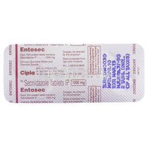 セクニダゾール（セクニダゾール ジェネリック）, Entisec 1,000mg 錠 (Cipla) 包装裏面