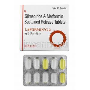 ラフォルミン G (グリメピリド/ メトホルミン) 2mg 箱、錠剤