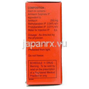 アミカシン（ビクリン ジェネリック）, Alfakim, 500mg 2ml 注射 (Ranbaxy) 成分