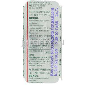 トリヘキシフェニジル, Bexol, 2MG 錠 (Intas Pharm) 包装裏面