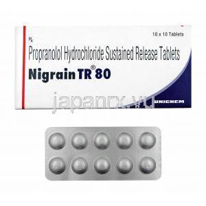 ニグレイン TR (プロプラノロール) 80mg 箱、錠剤