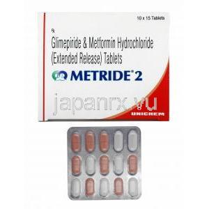 メトライド (グリメピリド/ メトホルミン) 2mg 箱、錠剤