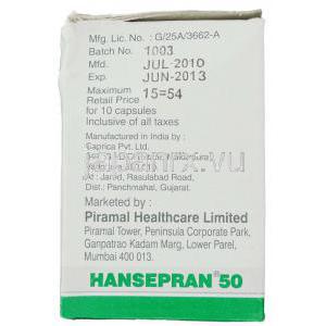 ハンセプラン Hansepran, クロファジミン 50mg カプセル (Sarabhai Piramal) 箱側面