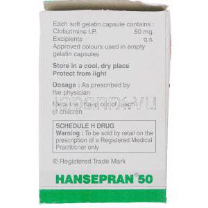 ハンセプラン Hansepran, クロファジミン 50mg カプセル (Sarabhai Piramal) 成分
