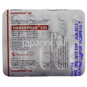 ハンセプラン Hansepran, クロファジミン 100ｍｇg カプセル (Sarabhai Piramal) 包装