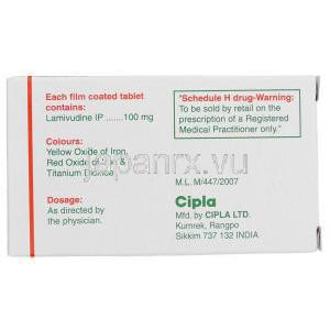 ラミブジン(エピビル/ ゼフィックスジェネリック), Lamivir HBV, 100mg 錠 (Cipla) 箱　情報
