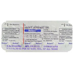 セチリジン/アンブロキソール, Relent, 5MG/ 60MG 錠 包装裏面