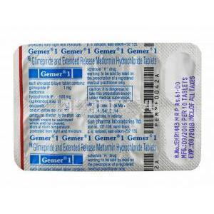 ジェマー (グリメピリド 1mg/ メトホルミン 500mg) 錠剤裏面