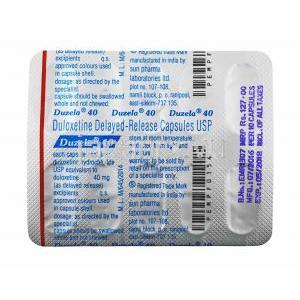 デュゼラ (デュロキセチン) 40mg カプセル裏面