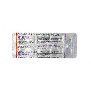 スピンフリー, シンナリジン　20mg / ジメンヒドリナート  40mg, 錠剤,シート情報