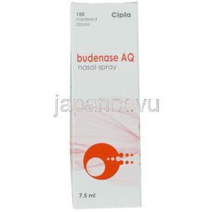 水溶性ブテソニド,  Budenase AQ, 150 mdi 100マイクログラム   点鼻液噴霧用 (Cipla) 箱