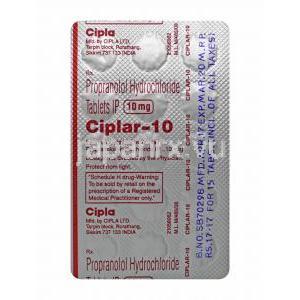 シプラール (プロプラノロール) 10mg 錠剤裏面