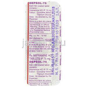 デプソル Depsol, イミドール ジェネリック, イミプラミン塩酸塩 75mg 錠 （Intas） 包装裏面