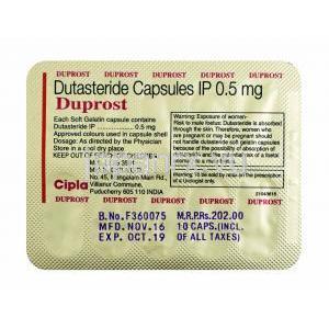デュプロスト, デュタステリド 0.5mg, カプセル 包装裏面