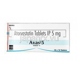 アヴァス,アトルバスタチン 5 mg, 錠剤, 箱表面