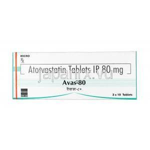 アヴァス,アトルバスタチン  80 mg, 錠剤, 箱表面