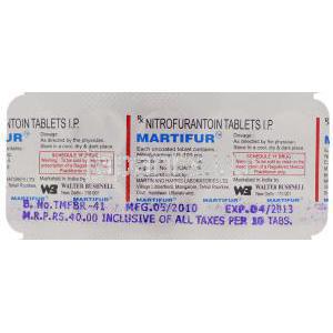 ニトロフラントイン（マクロビッド ジェネリック）, Martifur   100MG 錠 (Walter Bushnell) 包装裏面
