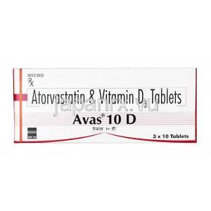 アヴァス D, アトルバスタチン10mg/ビタミンD3　1000IU,錠剤, 箱表面