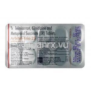 アービテル トリオ, シルニジピン 10mg / メトプロロール 25mg / テルミサルタン 40mg, 錠剤(徐放性錠),シート情報