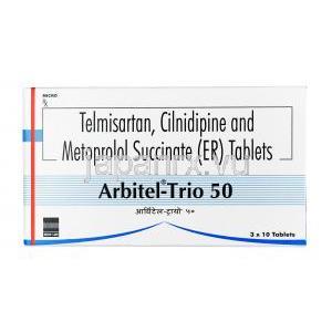 アービテル トリオ, シルニジピン 10mg / メトプロロール 50mg / テルミサルタン 40mg, 錠剤(徐放性錠), 箱表面