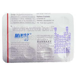 ミノサイクリン塩酸塩（ミノシンジェネリック）, Minoz, 100mg 錠 (Ranbaxy) 包装裏面