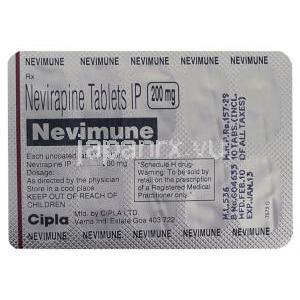 ネビラピン (ビラミューンジェネリック), Nevimune, 200mg 錠 (Cipla)　包装裏面