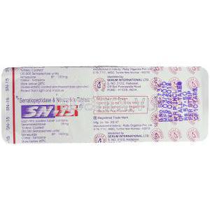 セラチオペプチダーゼ / ニメスリド, SN-15, 15MG / 100MG 錠 (Serum International) 包装裏面
