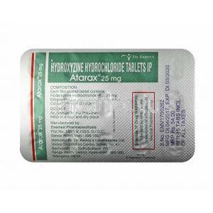 アタラックス, 塩酸ヒドロキシジン 25mg (Dr Reddy's Laboratories) 錠剤裏面