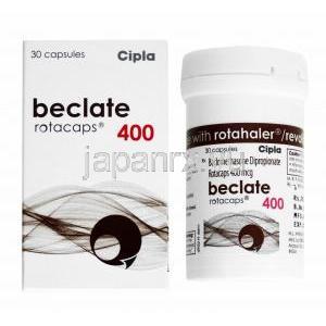 ベクラーテ 吸入剤 (ベクロメタゾン) 400mcg 箱、カプセルボトル