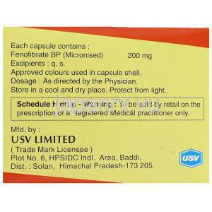 フェノフィブラート  (トライコア/ リピディル ジェネリック), Lipicard, 200mg カプセル (USV) 成分