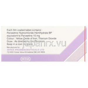 ペゼップ Pexep, パキシル ジェネリック, パロキセチン 10mg 錠 (Intas) 箱裏面