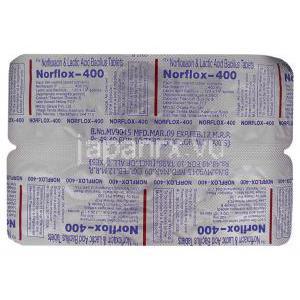ノルフロックス Norflox. ノルフロキサシン 400mg 錠  （Okasa） 包装裏面