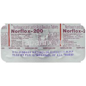 ノルフロックス Norflox. ノルフロキサシン 200mg 錠  （Okasa） 包装裏面