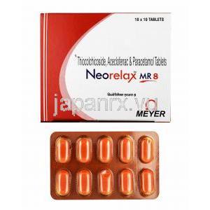 ネオレラックス MR (チオコルチコシド 8mg/ アセクロフェナク/ アセトアミノフェン) 箱、錠剤
