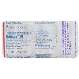 ベナゼプリル(チバセンジェネリック),Benace, 10mg 錠  (Novartis) 包装裏面