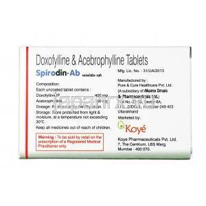 スピロディン AB, ドキソフィリン 400mg / アセブロフィリン 100mg, 錠剤, 箱情報