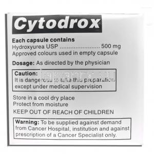 サイトドロックス Cytodrox, ヒドロキシ尿素 500mg 錠 (Cipla) 成分・箱側面