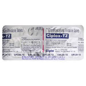 シプロフロキサシン / チニダゾール配合 (Dycip TZ ジェネリック), Ciplox-TZ, 500mg  600MG 錠 (Cipla) 包装裏面