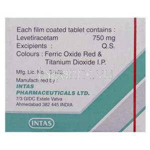 レベラ Levera, イーケプラ ジェネリック, レベチラセタム  750mg 錠 (Intas) 製造者情報