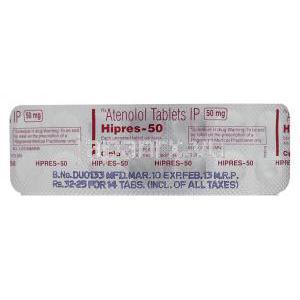 ハイプレス Hipres, テノーミン ジェネリック, アテノロール 50mg 錠 (Cipla) 包装裏面
