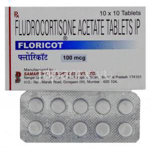 フルドロコルチゾン酢酸エステル（フロリネフジェネリック）, 100mcg 錠＆箱 (Samarth)