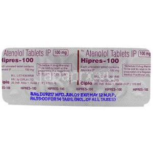 ハイプレス Hipres, テノーミン ジェネリック, アテノロール 100mg 錠 (Cipla) 包装裏面