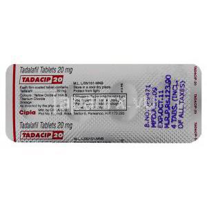 タダシップ（タダラフィル） 20mg 錠 (Cipla) 包装裏面
