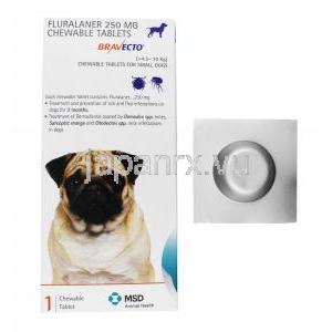 ブラベクト フルララネル 250mg 小型犬用チュアブル錠,箱,シート表面,製造元：MSD animal health